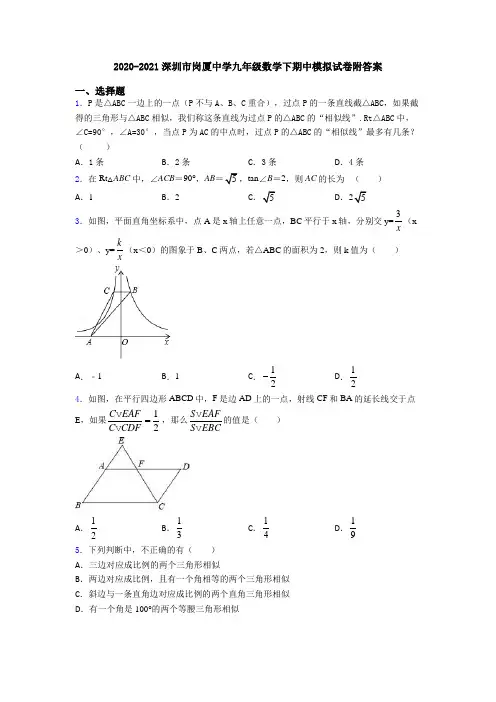 2020-2021深圳市岗厦中学九年级数学下期中模拟试卷附答案