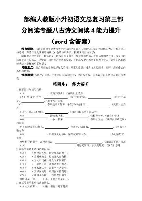 部编版小升初语文总复习第三部分阅读专题八古诗文阅读4能力提升(word含答案)