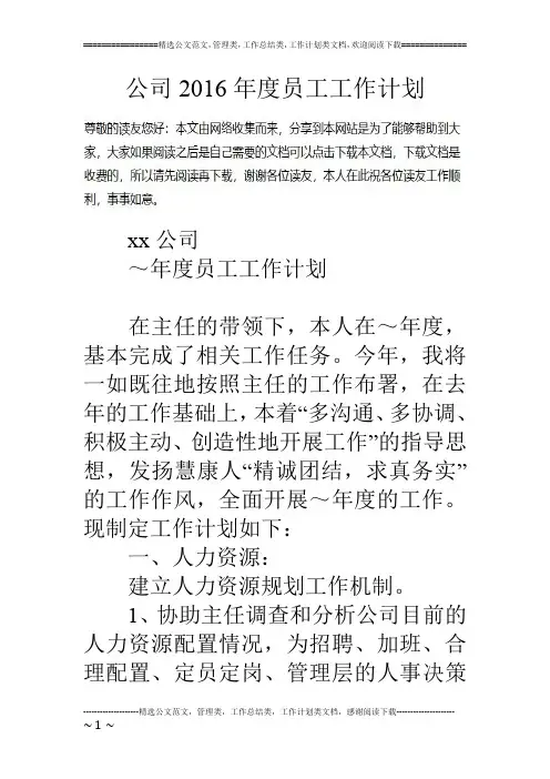 公司16年度员工工作计划