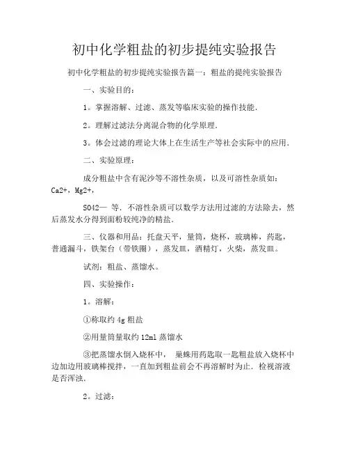 初中化学粗盐的初步提纯实验报告
