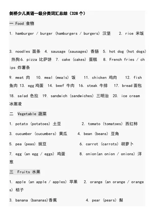 剑桥少儿英语一级分类词汇汇总