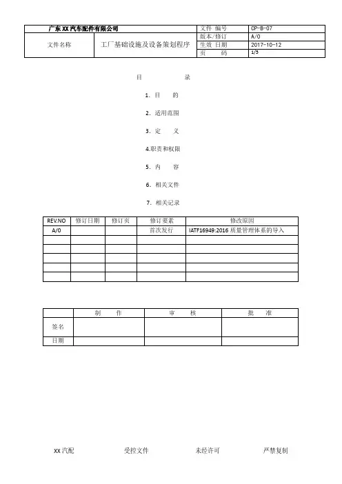 CP07-IATF16949-2016工厂基础设施及设备策划程序