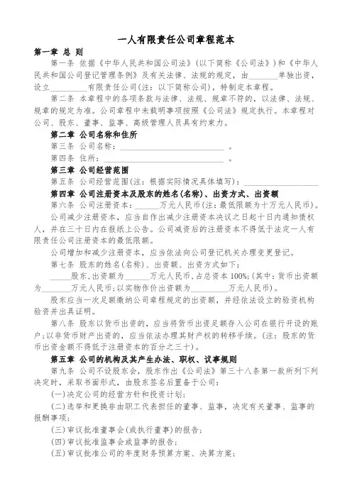 一人有限责任公司章程范本