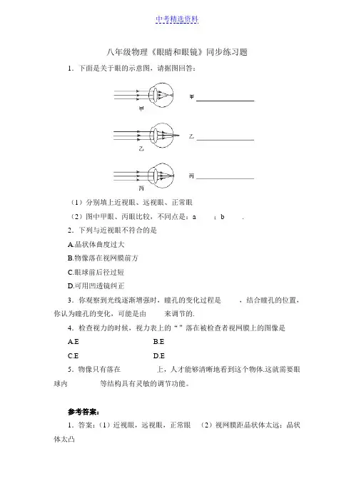 (完整版)初中物理眼睛和眼镜练习及答案