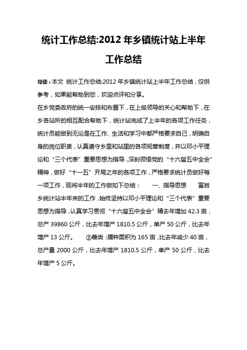 统计工作总结-2012年乡镇统计站上半年工作总结