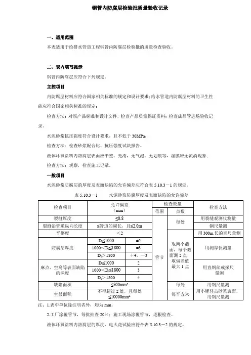 钢管内防腐层检验批质量验收记录