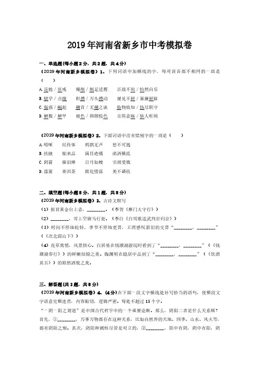 2019 年河南省新乡市中考模拟卷