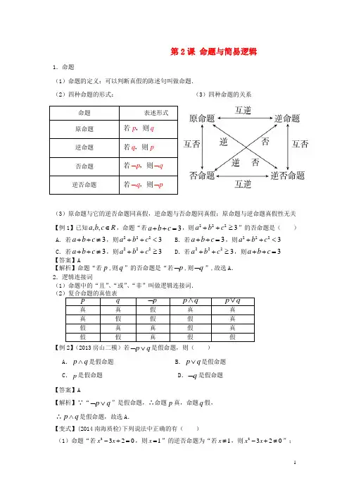 高考数学一轮复习第一章集合与常用逻辑用语第2课命题与简易逻辑文(含解析)