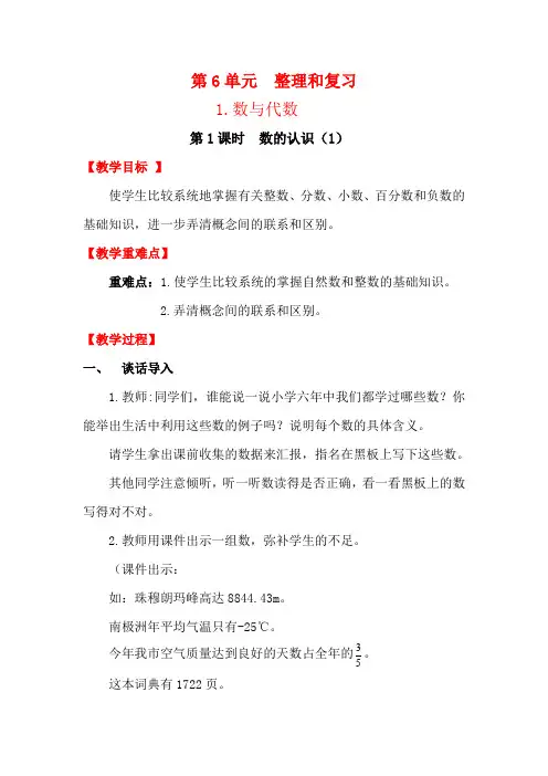 人教版六年级下册数学教案设计整理和复习数与代数第1课时 数的认识(1)