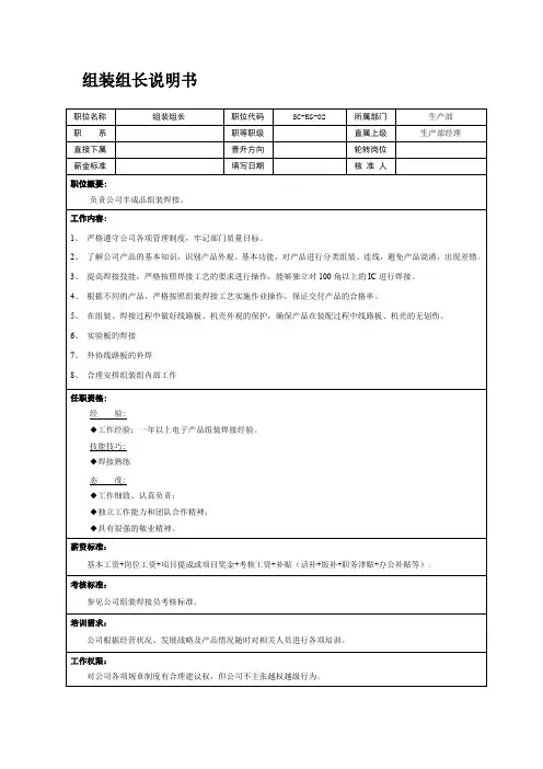 组装组长职位说明书