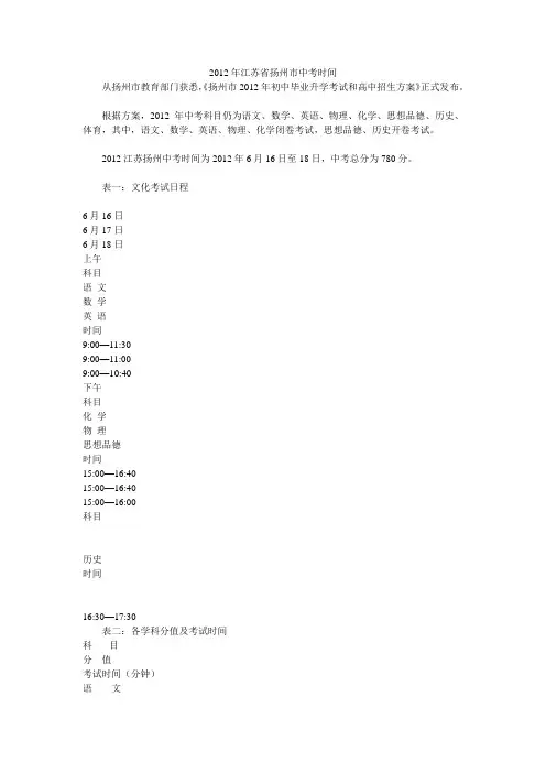 2012年江苏省扬州市中考时间