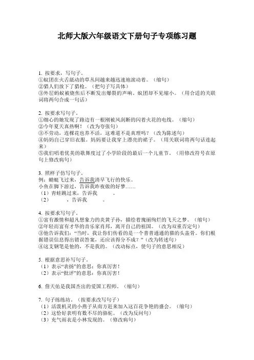 北师大版六年级语文下册句子专项练习题