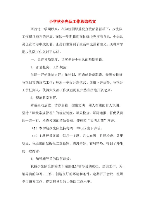 2019年小学秋少先队工作总结范文