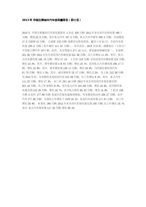 2013年 中国主要城市汽车保有量排名(前十名)