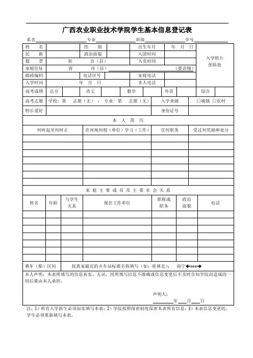 广西农业职业技术学院学生基本信息登记表.doc
