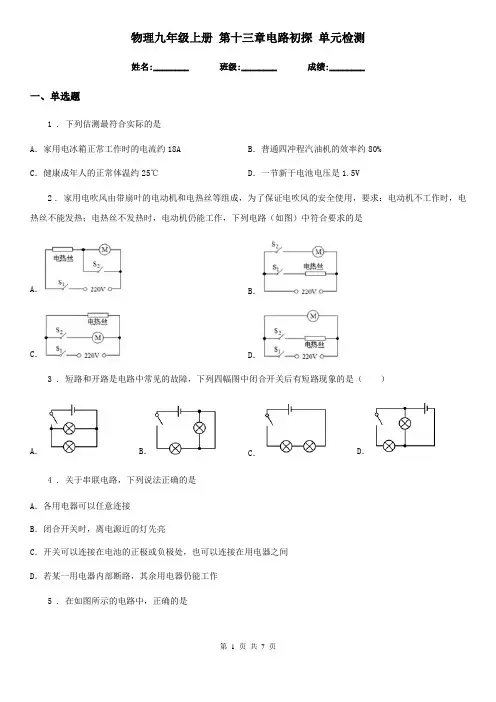 物理九年级上册 第十三章电路初探 单元检测