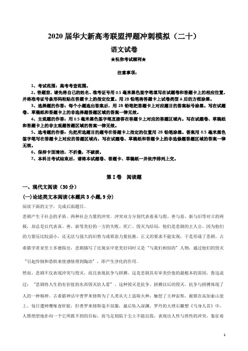 2020届华大新高考联盟押题冲刺模拟(二十)语文试卷