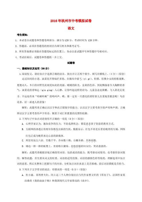 浙江省杭州市2016年中考语文模拟命题比赛试卷 (39)