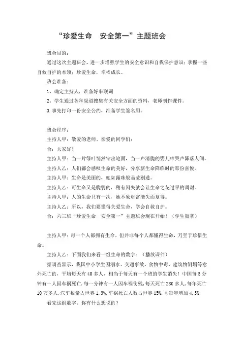 珍爱生命   安全第一主题班会