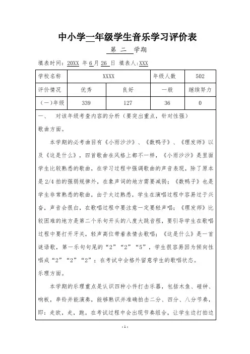 中小学下册学生音乐学习评价表(一至六年级)