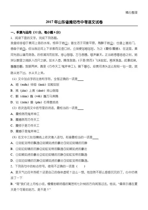2017山东潍坊中考语文试题及答案
