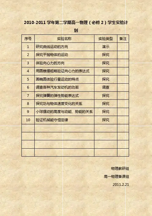 2010-2011学年第二学期高一物理(必修2)学生实验计划
