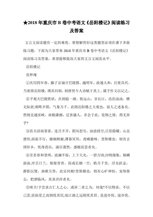 ★2018年重庆市B卷中考语文《岳阳楼记》阅读练习及答案.doc