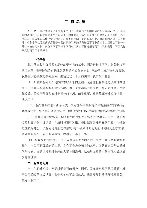 一个刚入职出纳工作总结 2