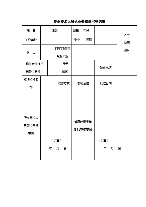专业技术人员执业资格证书登记表