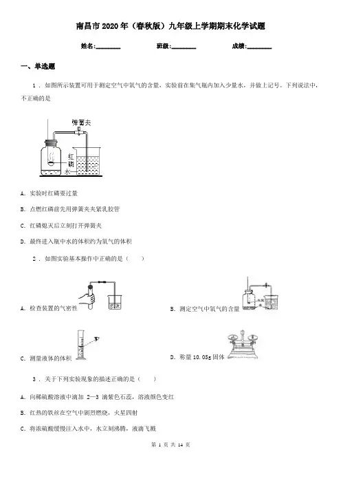 南昌市2020年(春秋版)九年级上学期期末化学试题