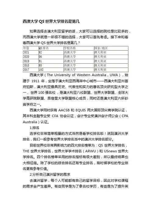 西澳大学QS世界大学排名是第几
