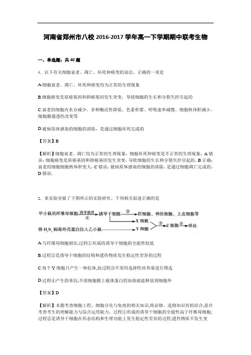 河南省郑州市八校2016-2017学年高一下学期期中联考生物试卷