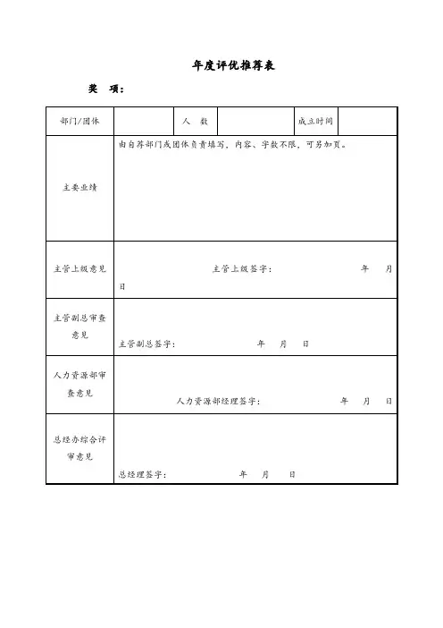 年度评优推荐表
