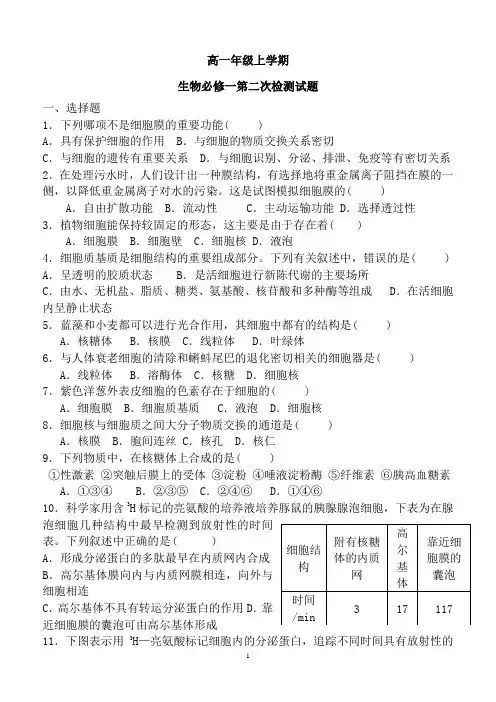 高中生物必修一第三四章检测题