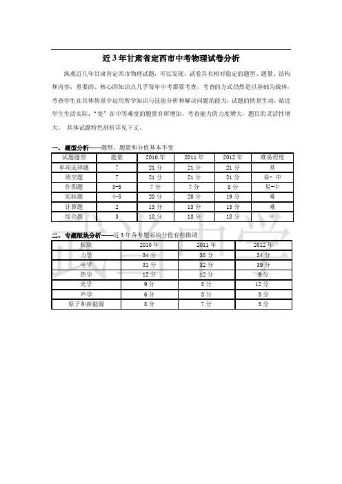 甘肃省近三年中考物理试卷分析
