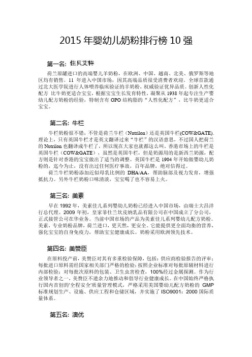 2015年婴幼儿奶粉排行榜10强