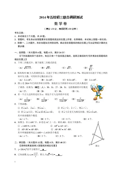 2014年九年级数学5月中考模拟预测试卷及答案