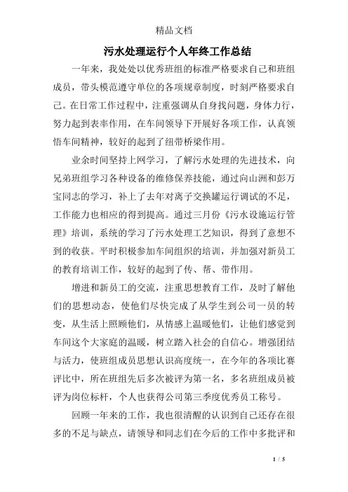 污水处理运行个人年终工作总结