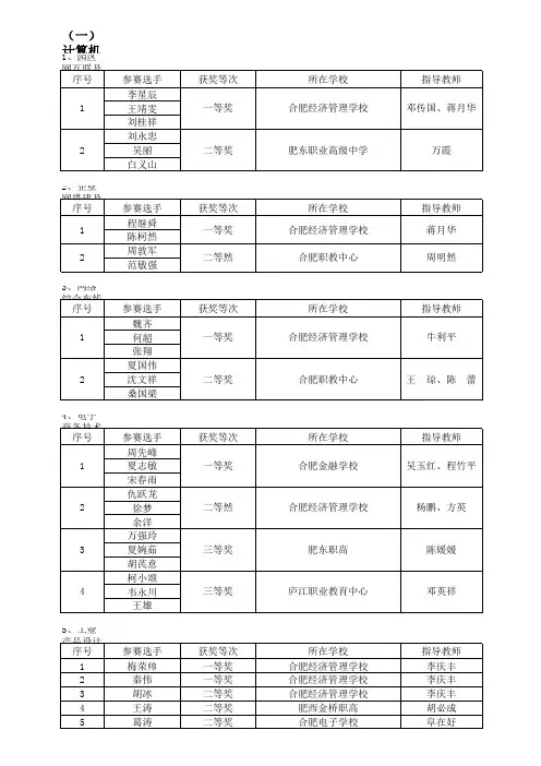 2013年合肥市中等职业学校师生技能大赛成绩总汇