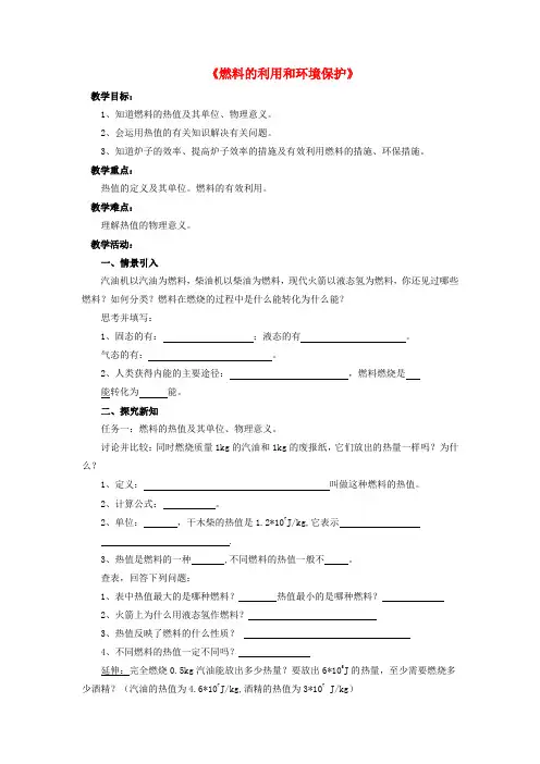 北师大版九年级物理全册第10章第六节燃料的利用和环境保护教案3