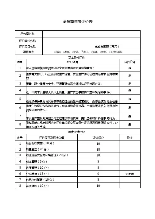 承包商年度评价表