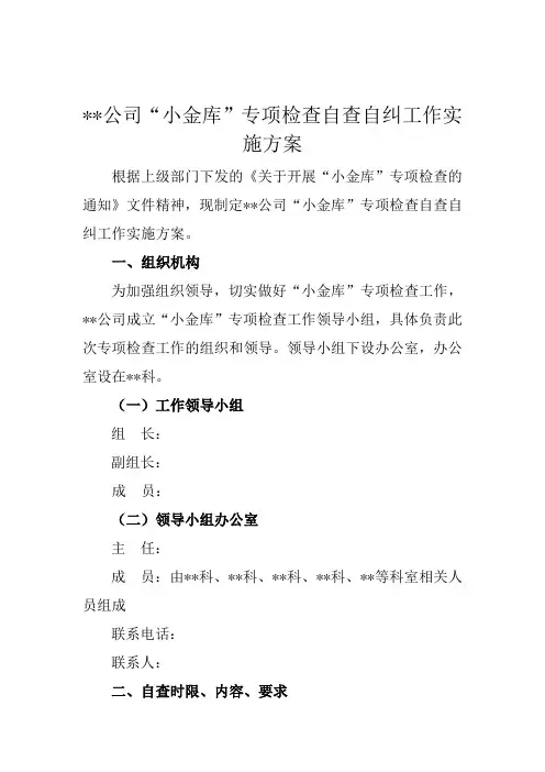 公司“小金库”专项检查自查自纠工作实施方案