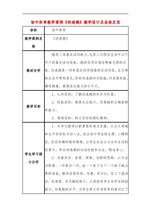 初中体育教学课例《快速跑》教学设计及总结反思