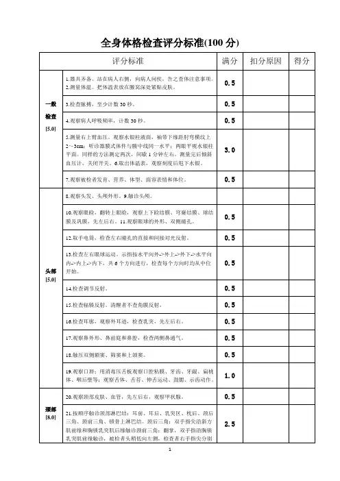 (完整版)全身体格检查评分标准(表)