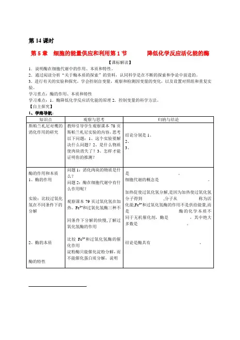 高中生物《降低化学反应活化能的酶》学案1 新人教版必修1