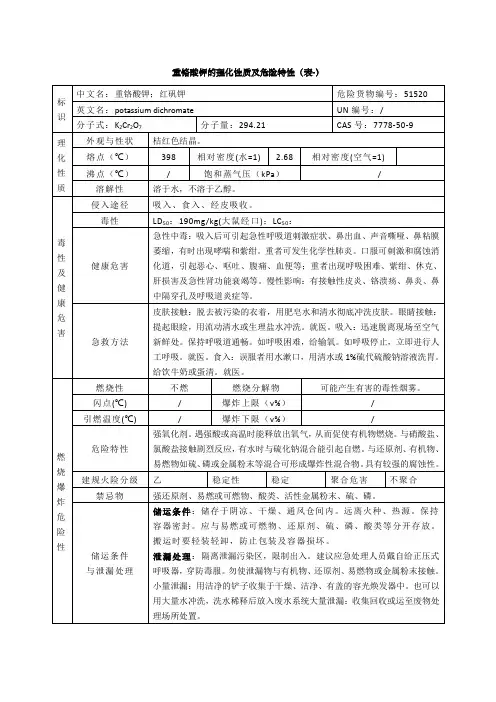 重铬酸钾的理化性质及危险特性(表)