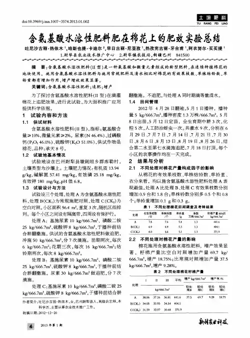 含氨基酸水溶性肥料肥在棉花上的肥效实验总结