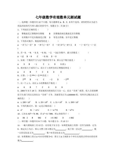(完整版)2017初一数学第一章有理数单元测试题及答案