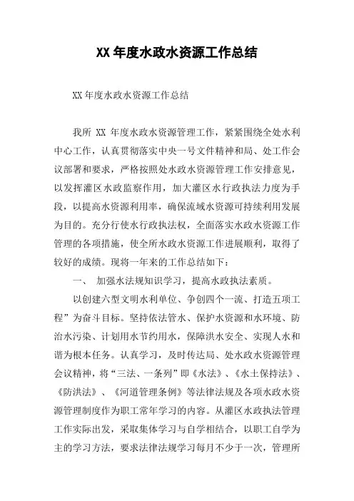 XX年度水政水资源工作总结