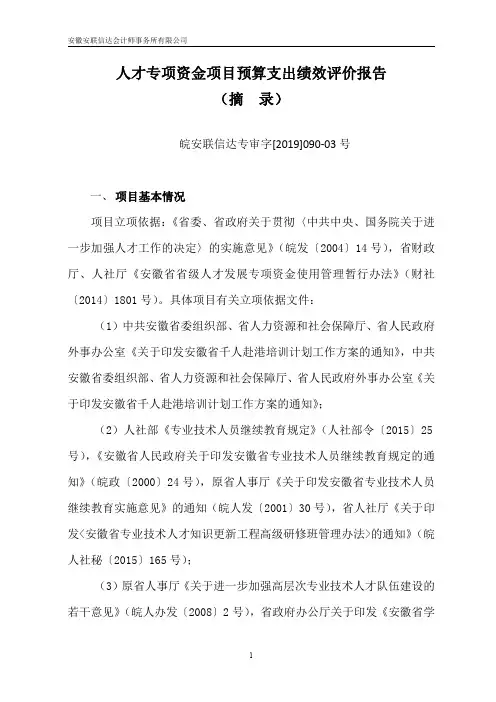 人才专项资金项目预算支出绩效评价报告(摘录)